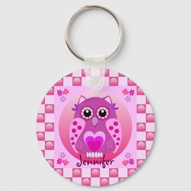 Cute pink keychain with Owl, Patterns & Name (Front)