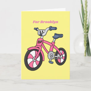 Cute pink kids bicycle cartoon illustration card