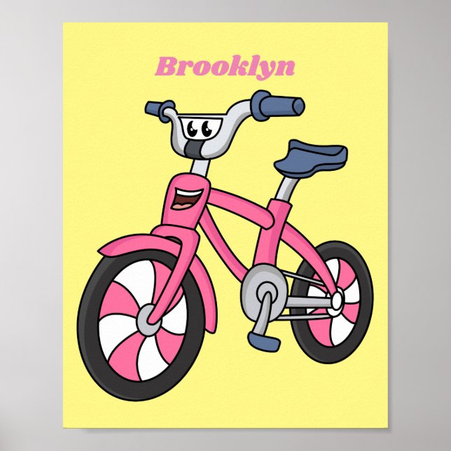 Cute pink kids bicycle cartoon illustration poster (Front)
