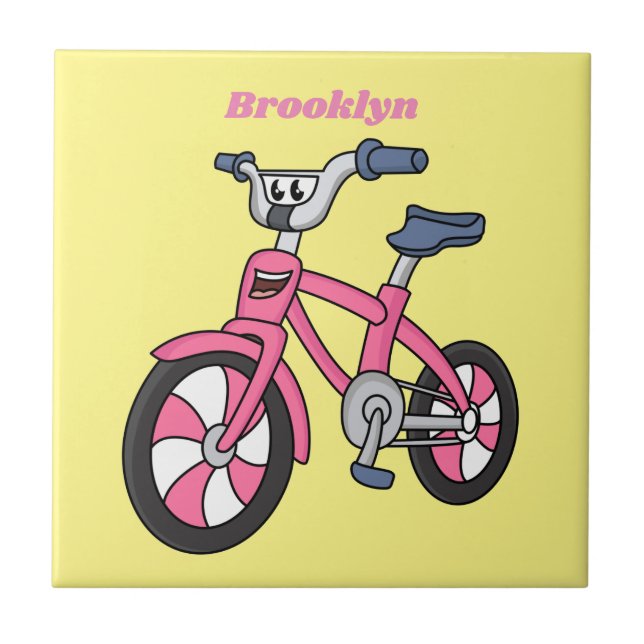 Cute pink kids bicycle cartoon illustration tile (Front)