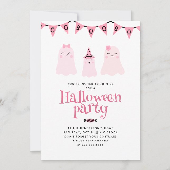 Cute Pink Kids Halloween Party Invitation (Front)