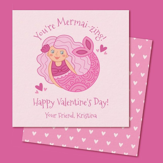 Cute Pink Kids Mermaid Valentine Note Card (A cute mermaid mini valentine. Personalize it for your girls classroom valentine exchange)