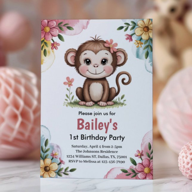 Cute Pink Kids Monkey 1st Birthday Party Invitation (Creator Uploaded)