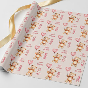 Cute Pink Kids Name Watercolor Bear Happy Birthday Wrapping Paper