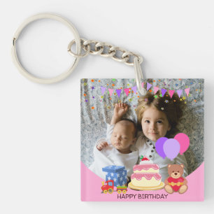 Cute Pink Kids Toys Birthday Celebration Photo Keychain