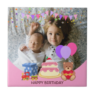 Cute Pink Kids Toys Birthday Celebration Photo Tile