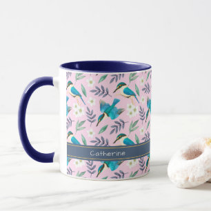 Cute Pink Kingfisher Birds Floral Pattern Name Mug