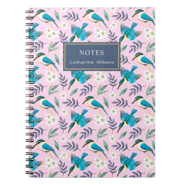 Cute Pink Kingfisher Birds Floral Pattern Name Notebook (Front)