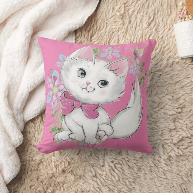 Cute Pink Kitten and Flowers Girls Throw Pillow (Blanket)