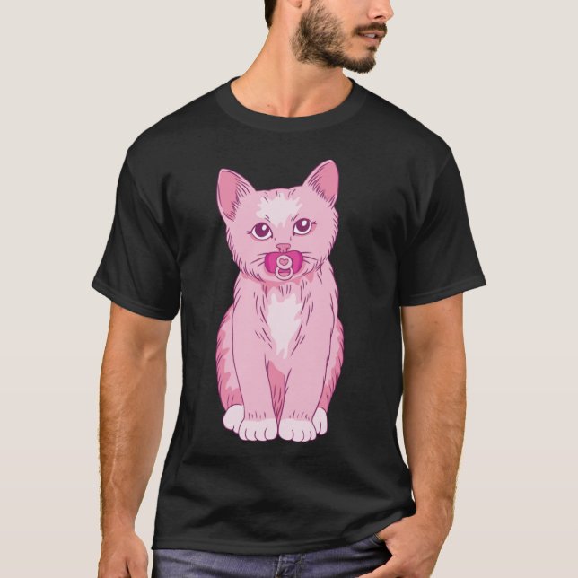 Cute Pink Kitten Baby Animal Pet With Pacifier T-Shirt (Front)
