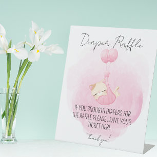 Cute Pink Kitten Diaper Raffle Baby Girl Shower Pedestal Sign