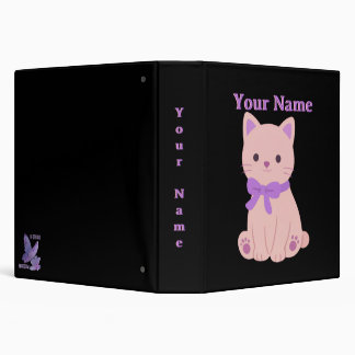 Cute Pink Kitten Lavender Ribbon Bow Art Binder