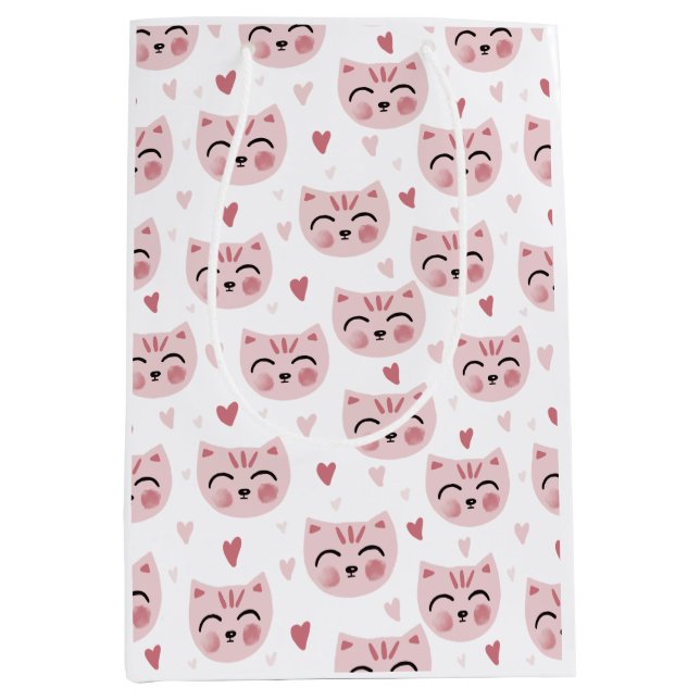 Cute Pink Kittens and Hearts Pattern for Kids Medium Gift Bag (Front)