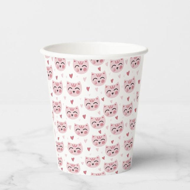 Cute Pink Kittens and Hearts Pattern for Kids Paper Cups (Front)