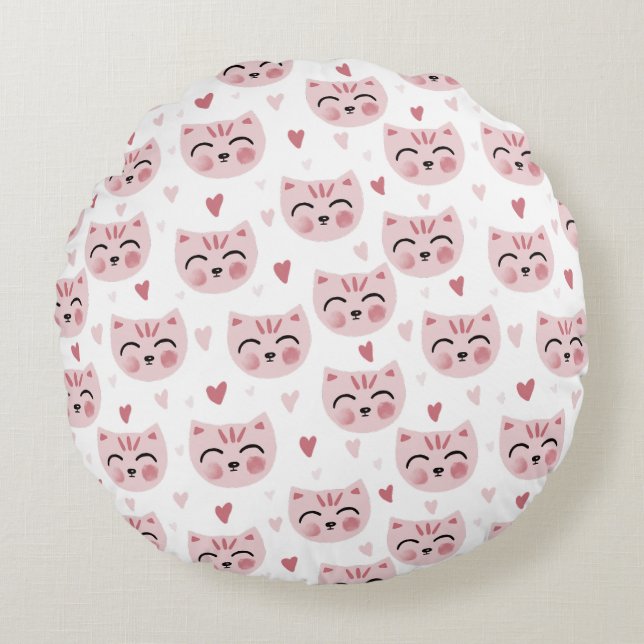 Cute Pink Kittens and Hearts Pattern for Kids Round Pillow (Front)
