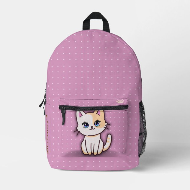 Cute Pink Kitty Cat Cute Personalized Name Spiral Printed Backpack (Front)