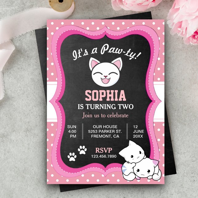 Cute Pink Kitty Cat Kids Birthday Party Invitation (Creator Uploaded)