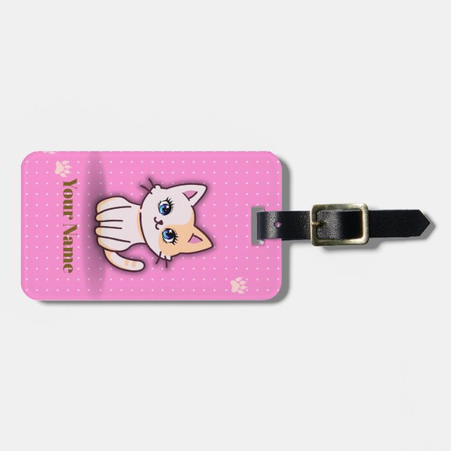 Cute Pink Kitty Cat Personalized Backpack Bag Tag (Front Horizontal)
