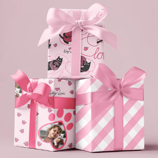 Cute Pink Kitty Love Custom Photo Kids Wrapping Paper Sheet