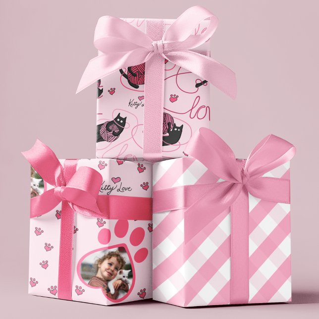Cute Pink Kitty Love Custom Photo Kids Wrapping Paper Sheet (Pink Cute Kitty set of 3 Gift Wrap Sheets. Custom Photo in Kitty Paw & Cats Playing with Pink Yarn.)