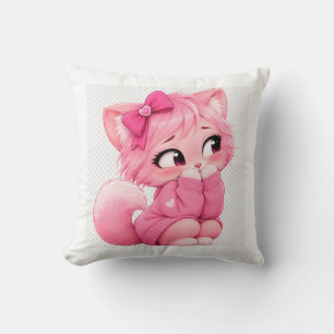 Cute Pink Kitty Pillow, Kawaii Cat With Bow Throw Pillow