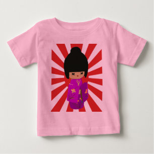 Cute Pink Kokeshi Doll on rising sun Baby T-Shirt
