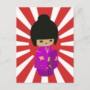 Cute Pink  Kokeshi Doll on rising sun Postcard