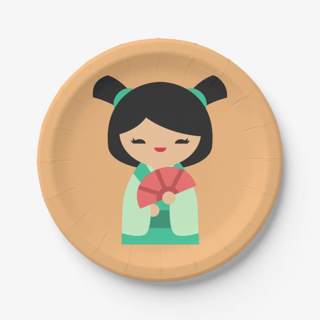 Cute pink Kokeshi Japanese dolls Paper Plate (Front)