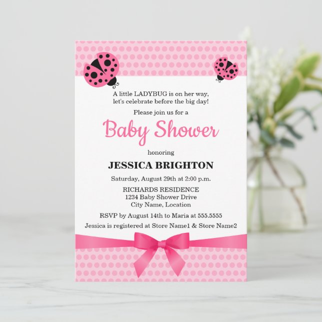 Cute Pink Ladybug Baby Shower Invitation (Standing Front)