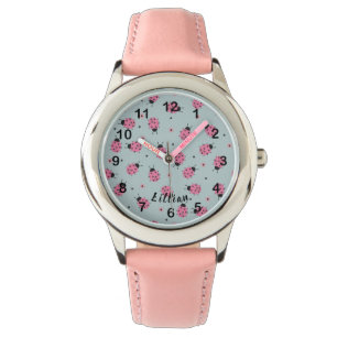 Cute Pink Ladybugs & Custom Name on Blue Watch