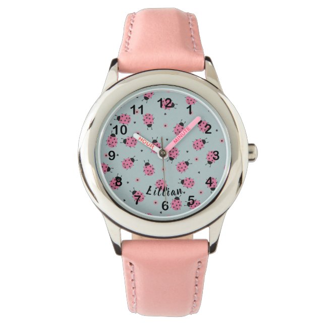 Cute Pink Ladybugs & Custom Name on Blue Watch (Front)