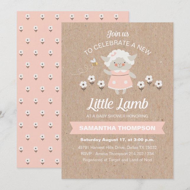 Cute Pink Lamb Baby Girl Shower Invitation (Front/Back)