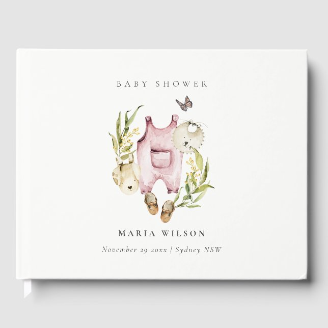 Cute Pink Leafy Foliage Girl Clothes Baby Shower Guest Book (Front)