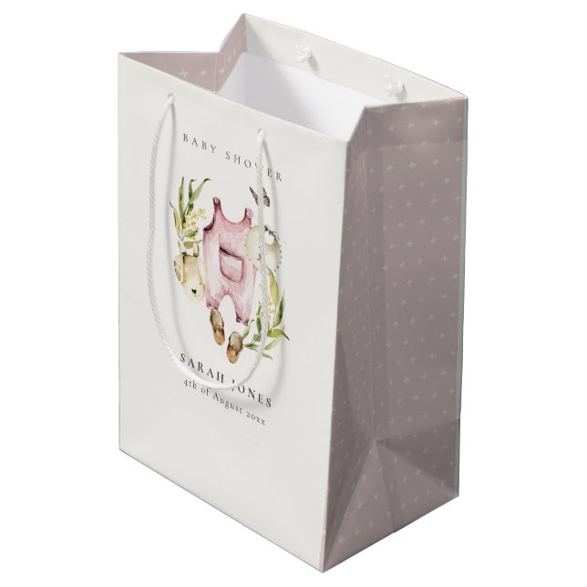 Cute Pink Leafy Foliage Girl Clothes Baby Shower Medium Gift Bag (Back Angled)