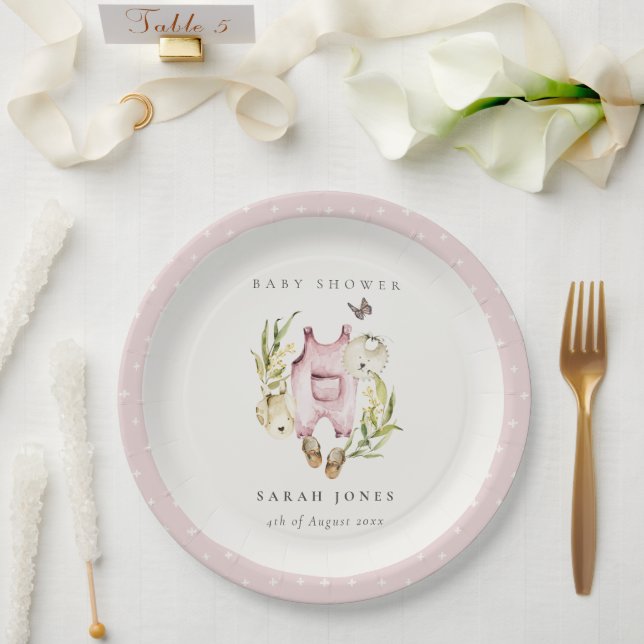 Cute Pink Leafy Foliage Girl Clothes Baby Shower Paper Plate (Wedding)