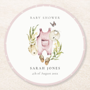 Cute Pink Leafy Foliage Girl Clothes Baby Shower Round Paper Coaster