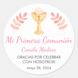 Cute Pink Leaves in Spanish First Communion  Classic Round Sticker