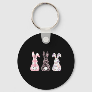 Cute Pink Leopard Plaid Flower Happy Easter Bunny Keychain