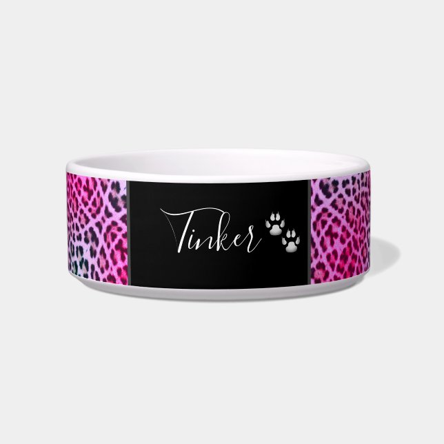 Cute Pink Leopard Print Personalized Pet  Bowl (Front)