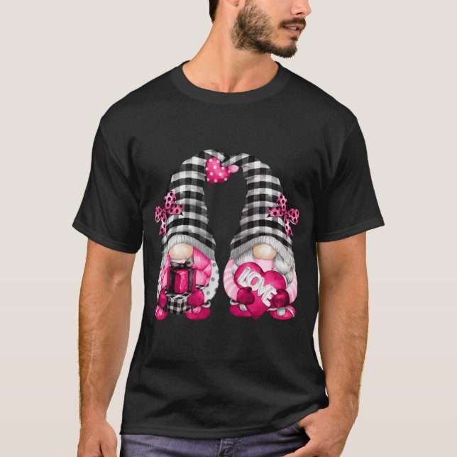 Cute Pink Lesbian Valentines Day Gnomes For Her Fu T-Shirt (Front)
