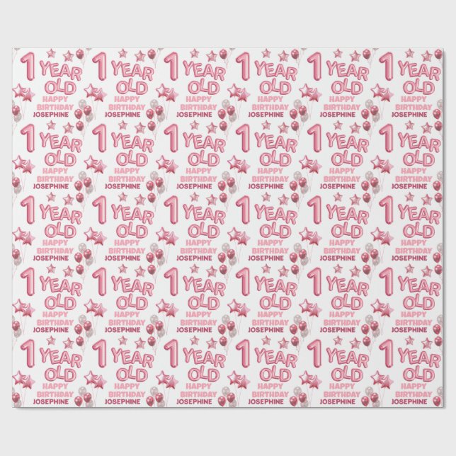 Cute Pink Letter Balloon 1st Birthday Wrapping Pap Paper (Flat)