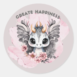 Cute Pink Little Dragon "Create Happiness" Classic Round Sticker