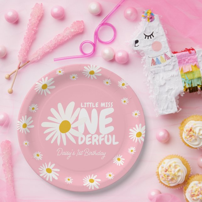 Cute Pink Little Miss ONEderful Daisy 1st Birthday Paper Plate (Party)