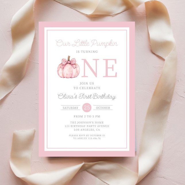 Cute Pink Little Pumpkin 1st Birthday Invitation (Cute Pink Little Pumpkin 1st Birthday Invitation)