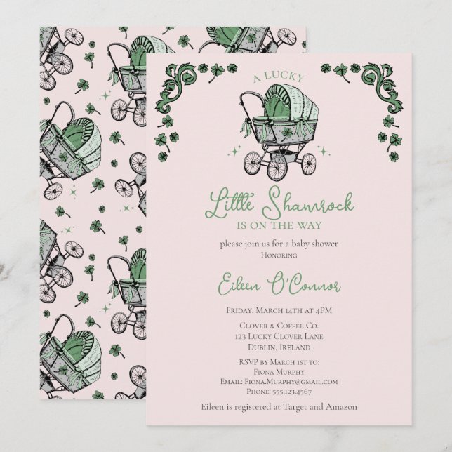 Cute Pink Little Shamrock St Patricks Baby Shower Invitation (Front/Back)