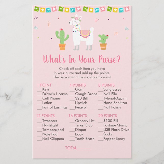 Cute Pink Llama Fiesta What's In Your Purse Game (Front)
