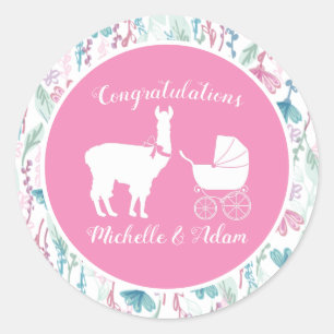 Cute Pink Llama Girl Baby Shower  Classic Round Sticker