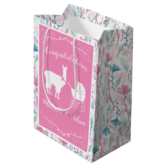 Cute Pink Llama Girl Baby Shower  Medium Gift Bag (Back Angled)