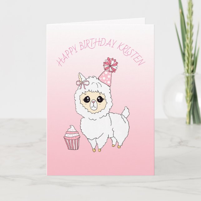 Cute Pink Llama Girl's Personalized Happy Birthday Card (Front)