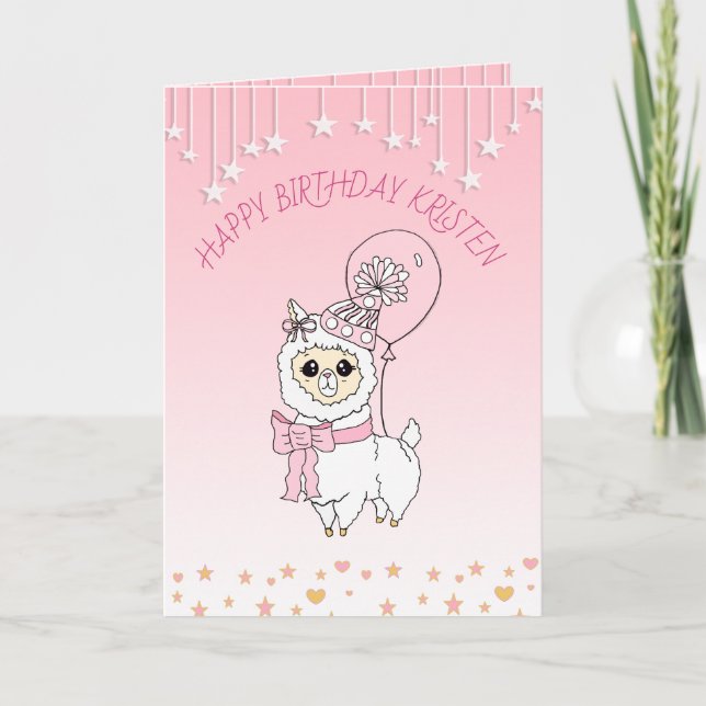 Cute Pink Llama Girl's Personalized Happy Birthday Card (Front)
